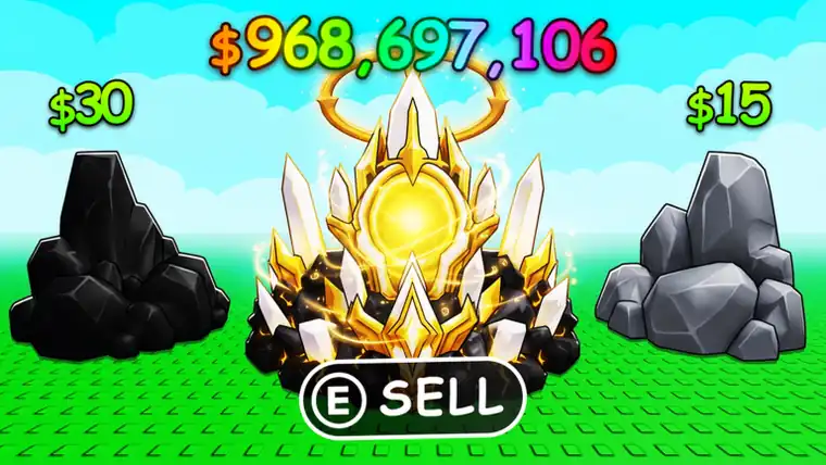 Coal worth $30 and Stone worth $15 either side of a golden haloed ore worth $968 million, with an E to sell prompt